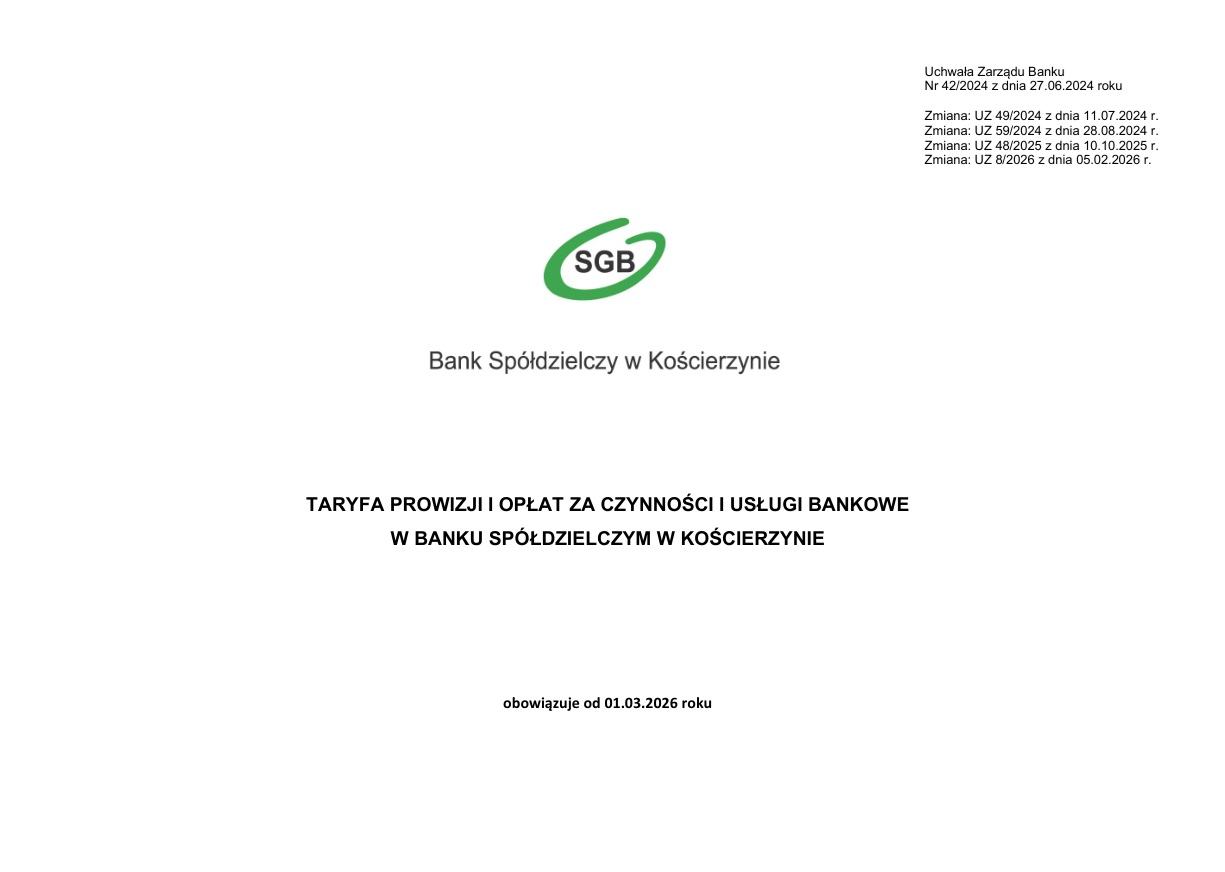 TARYFA PROWIZJI I OPŁAT 01.03.2026